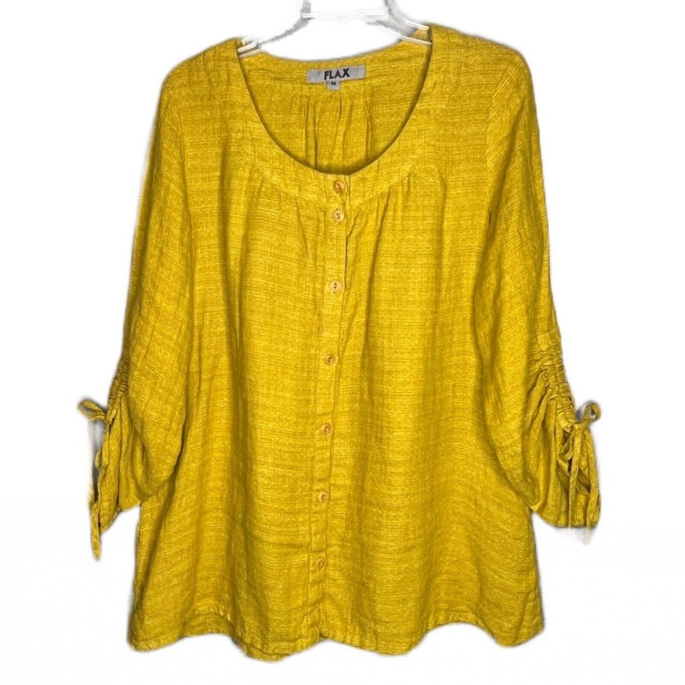 FLAX Womens Top Blouse Size Medium Mustard Ruched Sleeve Button Up Lagenlook C2